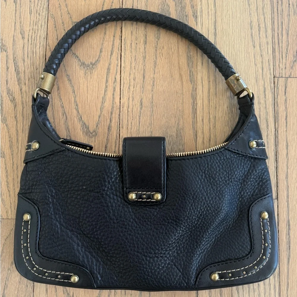 Michael Kors Black Leather Shoulder Purse with Braided Strap and Gold Detailing